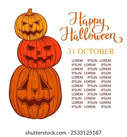 Halloween geschnitzte Gesichter Kürbisse handgezeichnete Skizzen Vektor Vintage Illustration auf weißem Hintergrund, Vorlage für Halloween Poster, Banner, Einladung.