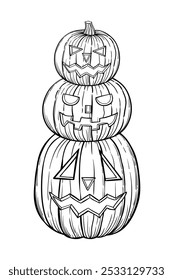 Caras talladas de Halloween calabazas dibujadas a mano ilustración vintage de Vector sketh sobre fondo blanco.