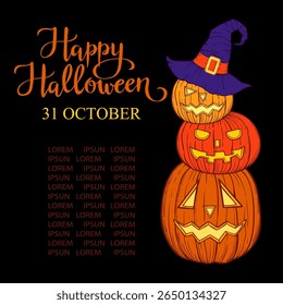 Halloween carved faces pumpkins hand drawn sketh vector vintage illustration on white background, template for Halloween poster, banner, invitation.