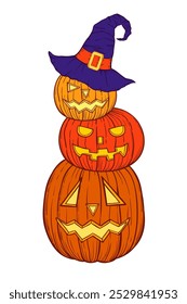 Caras talladas de Halloween calabazas en sombrero de bruja dibujado a mano ilustración vintage de Vector sketh sobre fondo blanco.