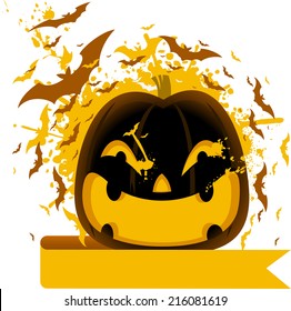 Halloween carved pumpkin with bats illustration