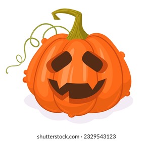 Calabaza tallada en Halloween. Caricatura espeluznante decoración de calabazas vacacionales, hijastro temible jack-o-lantern. Ilustración vectorial plana de cara de calabaza