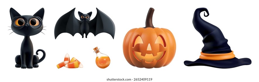 Halloween esculpido personagens de abóbora 3d renderização vetor. Gato preto de desenhos animados bonito, morcego voador feliz, chapéu de bruxa assustador assustador, doce trapaça de poção. Noite sexta-feira 13 venda cartaz elemento, divertido outubro magia
