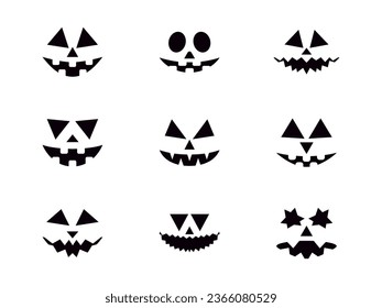 Halloween carved pumpkin face set isolated on white background. Scary faces icon collection. Happy Halloween October 31st, trick or treat. Jack-o-lantern. Design for print. Vector illustration