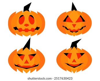 Halloween carved pumpkin icon set isolated on white background. Happy Halloween October 31st, trick or treat. Jack-o-lantern. Halloween pumpkins holiday decoration. Vector illustration