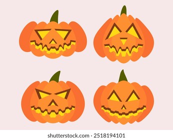 Halloween tallado icono de calabaza conjunto aislado sobre fondo blanco. Feliz Halloween 31 de octubre, truco o trato. Jack-o-linterna. Decoración de vacaciones de calabazas de Halloween. Ilustración vectorial