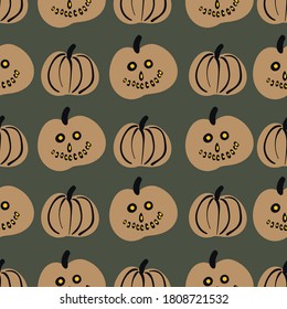 Halloween carved pumpkin lanterns seamless vector pattern in muted colors. Festive surface print design for fabrics, stationery, scrapbook paper, pakaging, gift wrap, and textiles.