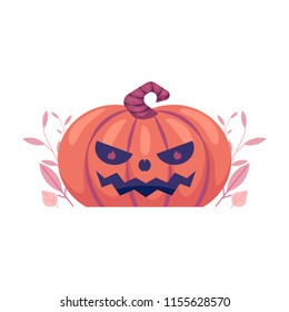 Halloween carved pumpkin with scary face emotion - traditional holiday emoticon cutted on orange ripe vegetable isolated on white background with plant leaves in flat vector illustration.