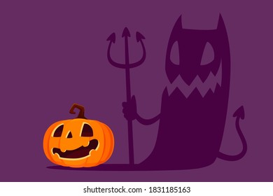 Halloween carved pumpkin with shadow as devil holding trident. Halloween pumpkin cartoon illustration.