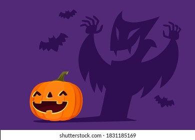 Halloween Carved Pumpkin With Shadow As Dracula And Bats. Halloween Pumpkin Cartoon Illustration.