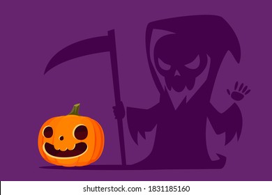 Halloween carved pumpkin with shadow as grim reaper holding scythe. Halloween pumpkin funny cartoon illustration.