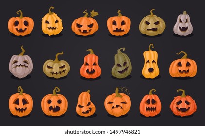 Halloween carved pumpkins. Cartoon pumpkin jack-o-lanterns, spooky Halloween decorations flat vector illustration set. Scary pumpkins with evil faces