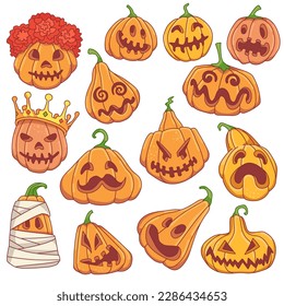 Halloween carved pumpkins. Cartoon style vector illustration. Jack-o'-lantern doodle set. 