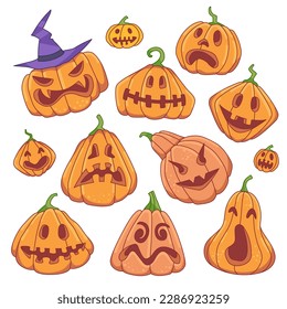 Halloween carved pumpkins. Cartoon style vector illustration. Jack-o'-lantern doodle set. 
