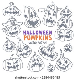 Halloween carved pumpkins. Different shapes and emotions. Cartoon style vector illustration. Jack-o'-lantern doodle set. Outline stroke is not expanded, stroke weight is editable.