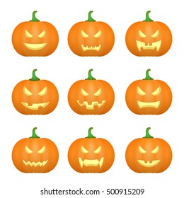 Halloween carved pumpkins. Carved face emotions set. Vector illustration