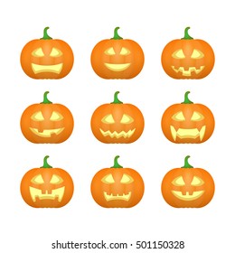 Halloween carved pumpkins. Carved face emotions set. Vector illustration
