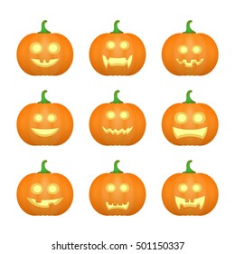 Halloween carved pumpkins. Carved face emotions set. Vector illustration