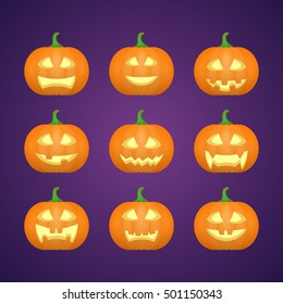 Halloween carved pumpkins. Carved face emotions set. Vector illustration