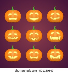 Halloween carved pumpkins. Carved face emotions set. Vector illustration