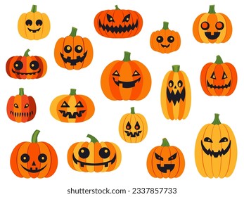 Halloween carved pumpkins set in cartoon style. Smiling evil pumpkin collection.