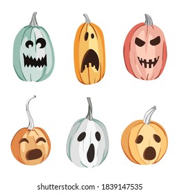 Halloween carved pumpkins vector illustrations. Jack-o'-lantern vector illustration, scary pumpkins, Halloween party decorations and creepy characters. Autumn vegetables, seasonal treats, angry faces.