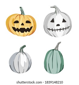 Halloween carved pumpkins vector illustrations. Jack-o'-lantern vector illustration, scary pumpkins, Halloween party decorations and creepy characters. Autumn vegetables, seasonal treats, angry faces.