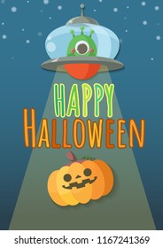 Halloween carving pumpkins abducted by alien in UFO.Vector illustration.