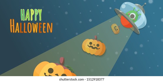 Halloween carving pumpkins abducted by alien in UFO.Vector illustration.