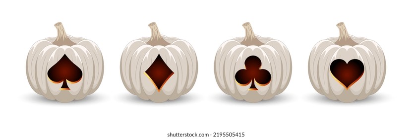 Banner de casino y póquer de Halloween. Calabazas de juego. Cuadros de juego de cartas en calabazas de Halloween. Ilustración vectorial.