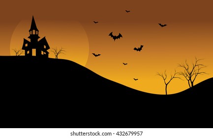 Halloween castle and bat at afternoon silhouette a beautiful scenery