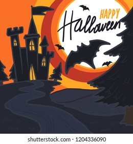 Halloween castle bat concept background. Hand drawn illustration of halloween castle bat vector concept background for web design
