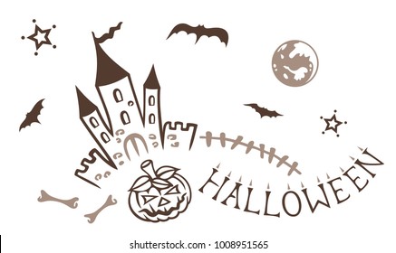Halloween castle with bats, pumpkin and bones.