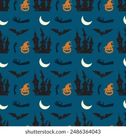 Halloween Castle And Bats Seamless Vector Pattern Design