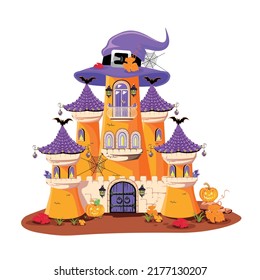 Halloween castle in cartoon style with a witch's hat instead of a roof and high towers. Vector illustration to decorate a flyer, poster, invitation or social media ad for Halloween.