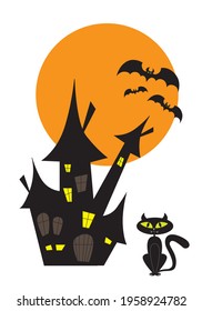 Halloween castle, cat and bats isolated icon for greetings. Vector illustration.