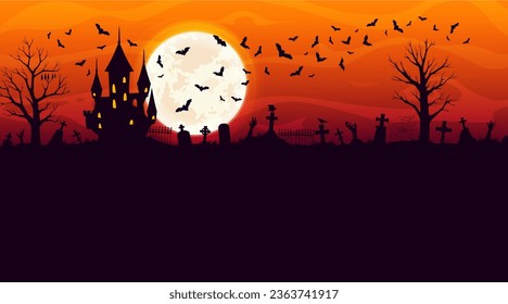 Castillo de Halloween y silueta de cementerio con manos zombis y murciélagos voladores. Banner vectorial de feriado de horror de Halloween, casa embrujada, luna llena, árboles espeluznantes y lápidas en el cielo de medianoche