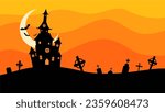 Halloween Castle flat design vector illustration. Halloween banner with silhouette of scary castle on orange background with full Moon. Illustration for holiday cards, invitations, banners