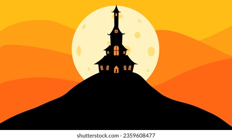 Halloween Castle flat design vector illustration. Halloween banner with silhouette of scary castle on orange background with full Moon. Illustration for holiday cards, invitations, banners