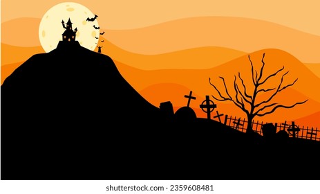 Halloween Castle flat design vector illustration. Halloween banner with silhouette of scary castle on orange background with full Moon. Illustration for holiday cards, invitations, banners