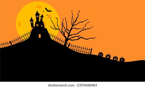 Ilustración vectorial de diseño plano del Castillo de Halloween. Banner de Halloween con silueta de castillo temible sobre fondo naranja con luna llena. Ilustración de tarjetas de vacaciones, invitaciones, banners