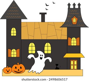 Halloween castle with funny ghost, pumpkins and bats
