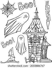 Halloween castle, ghosts, magic hat and spider webs. Vector illustration