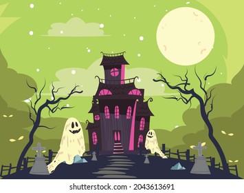 halloween castle and ghosts scene