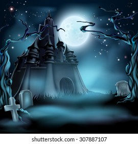 Halloween castle grave yard background with a spooky haunted castle,  trees and graves and a full moon