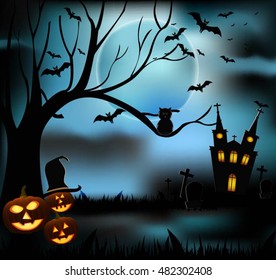 Halloween castle grave yard background with a spooky haunted castle, trees and graves and a full moon