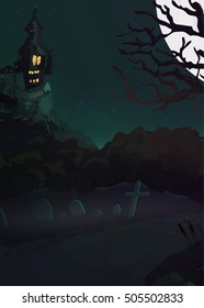 Halloween castle grave yard background. Abstract background with a castle on the mountain silhouette of a tree and full moon in the vector. Cemetery with graves in the fog and the road. The night sky