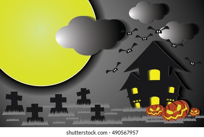 Halloween, Castle, graveyard, pumpkins, bat and moon. paper cut style. Vector illustration image design.