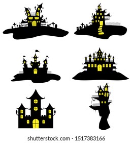Halloween Castle or haunted house church and other buildings icon set isolated on white background, used for festive decorations