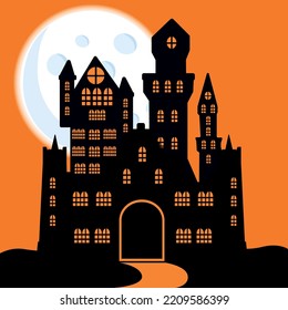 Castillo de Halloween. Casa embrujada en vector. Edificio espeluznante sobre el fondo de la luna brillante. Stencil 